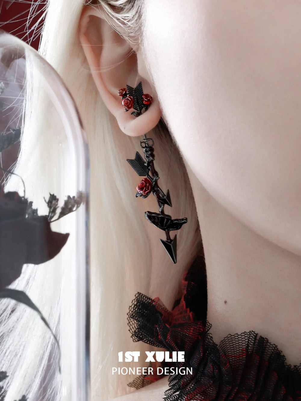 1ST XULIE Jewelry "TWILIGHT ROSE" Gothic Rose Bow Statement Drop Earrings in Black Gold Plated - On Model