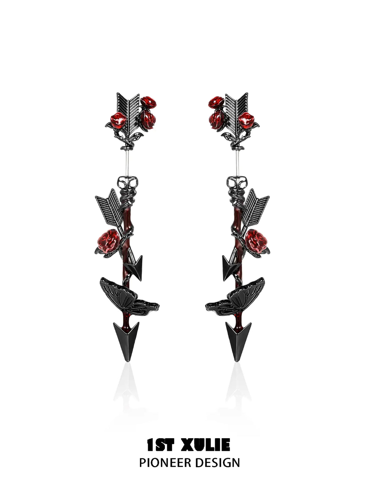 1ST XULIE Jewelry "TWILIGHT ROSE" Gothic Rose Bow Statement Drop Earrings in Black Gold Plated - Packaging View