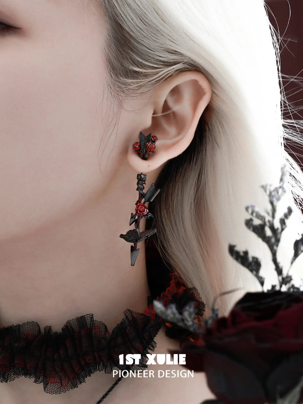 1ST XULIE Jewelry "TWILIGHT ROSE" Gothic Rose Bow Statement Drop Earrings in Black Gold Plated - Side View