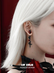 1ST XULIE Jewelry "TWILIGHT ROSE" Gothic Rose Bow Statement Drop Earrings in Black Gold Plated - Texture Detail