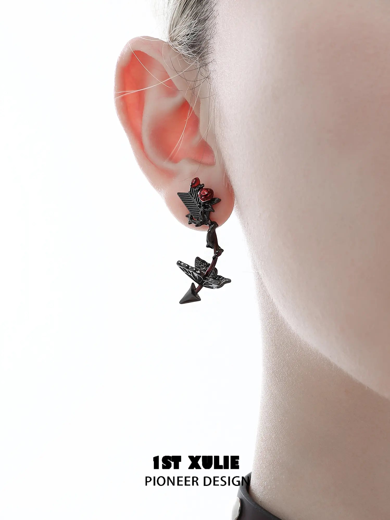 1ST XULIE Jewelry "TWILIGHT ROSE" Gothic Rose Bow Stud Drop Earrings in Black Gold Plated - Angle 1