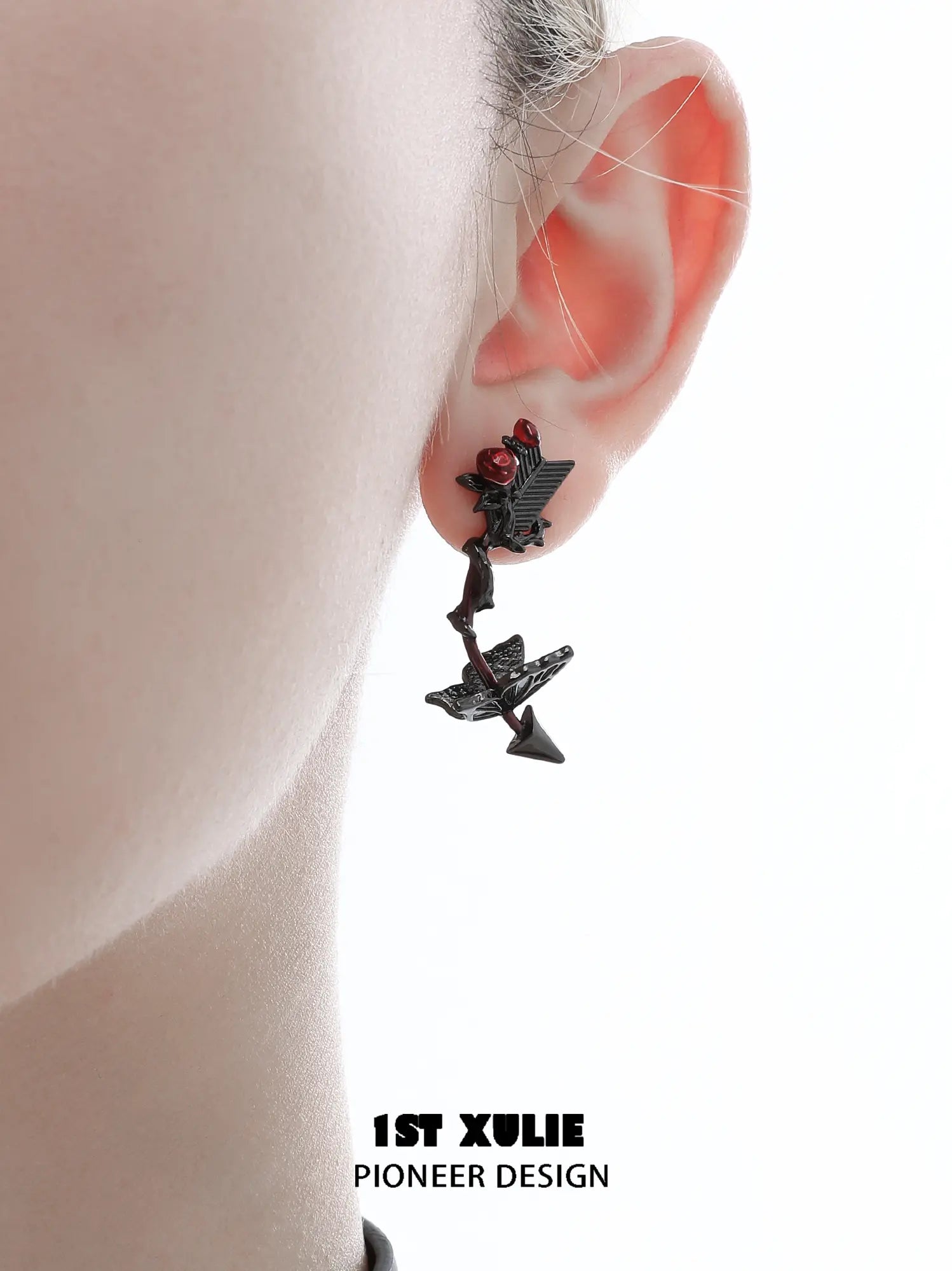 1ST XULIE Jewelry "TWILIGHT ROSE" Gothic Rose Bow Stud Drop Earrings in Black Gold Plated - Angle 2