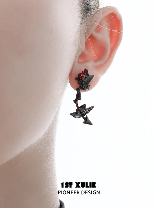 1ST XULIE Jewelry "TWILIGHT ROSE" Gothic Rose Bow Stud Drop Earrings in Black Gold Plated - Angle 2