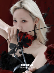 1ST XULIE Jewelry "TWILIGHT ROSE" Gothic Rose Bow Stud Drop Earrings in Black Gold Plated - Detail Shot