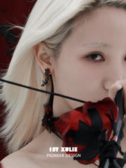 1ST XULIE Jewelry "TWILIGHT ROSE" Gothic Rose Bow Stud Drop Earrings in Black Gold Plated - Lifestyle Shot