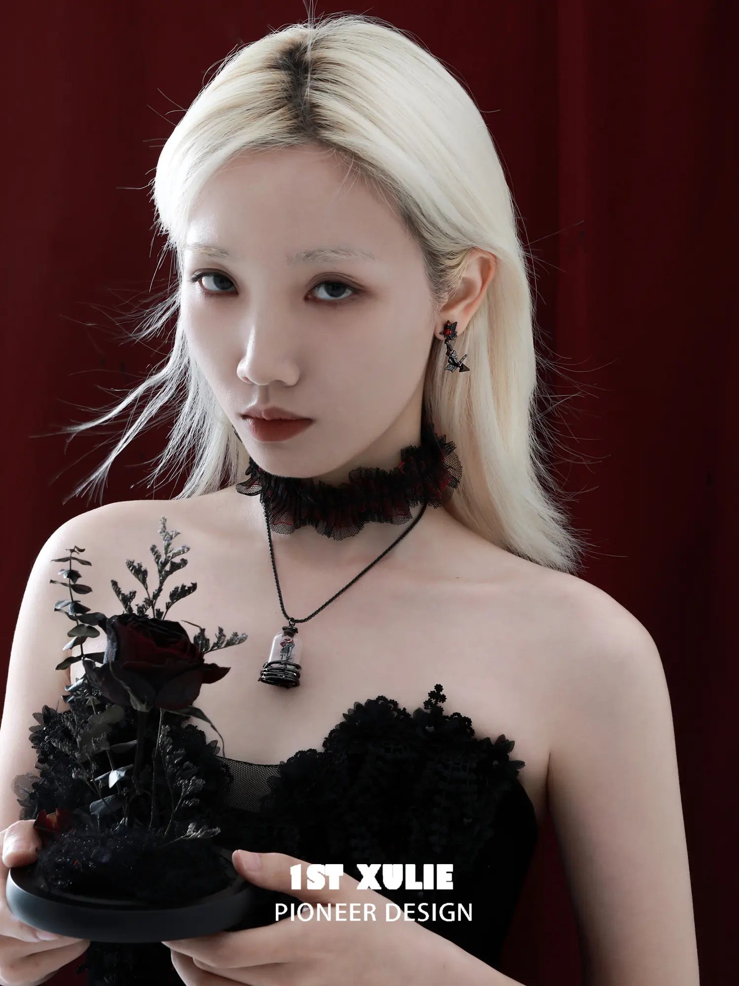 1ST XULIE Jewelry "TWILIGHT ROSE" Gothic Rose Bow Stud Drop Earrings in Black Gold Plated - On Model