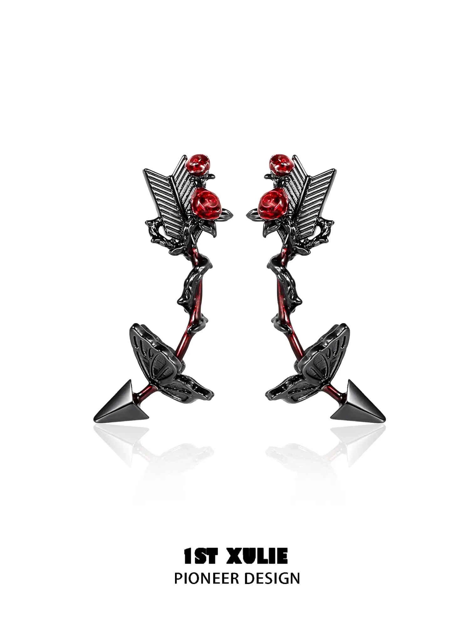 1ST XULIE Jewelry "TWILIGHT ROSE" Gothic Rose Bow Stud Drop Earrings in Black Gold Plated - Packaging View