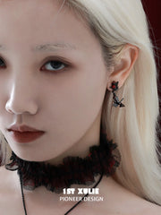 1ST XULIE Jewelry "TWILIGHT ROSE" Gothic Rose Bow Stud Drop Earrings in Black Gold Plated - Side View