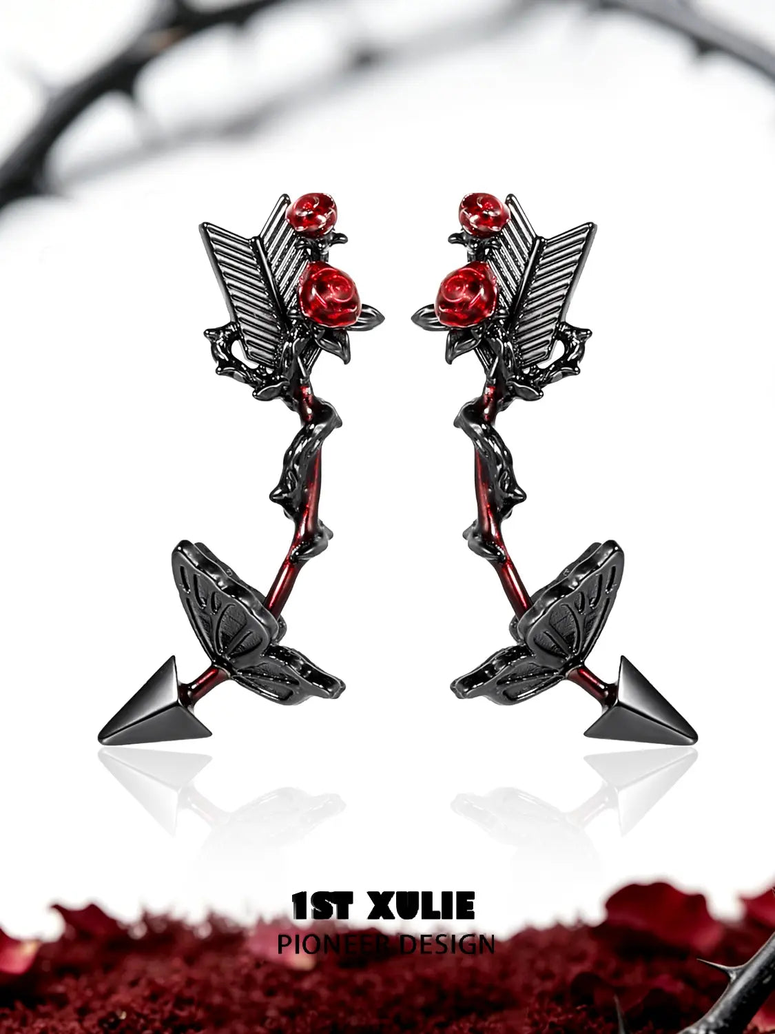 1ST XULIE Jewelry "TWILIGHT ROSE" Gothic Rose Bow Stud Drop Earrings in Black Gold Plated - Size Comparison