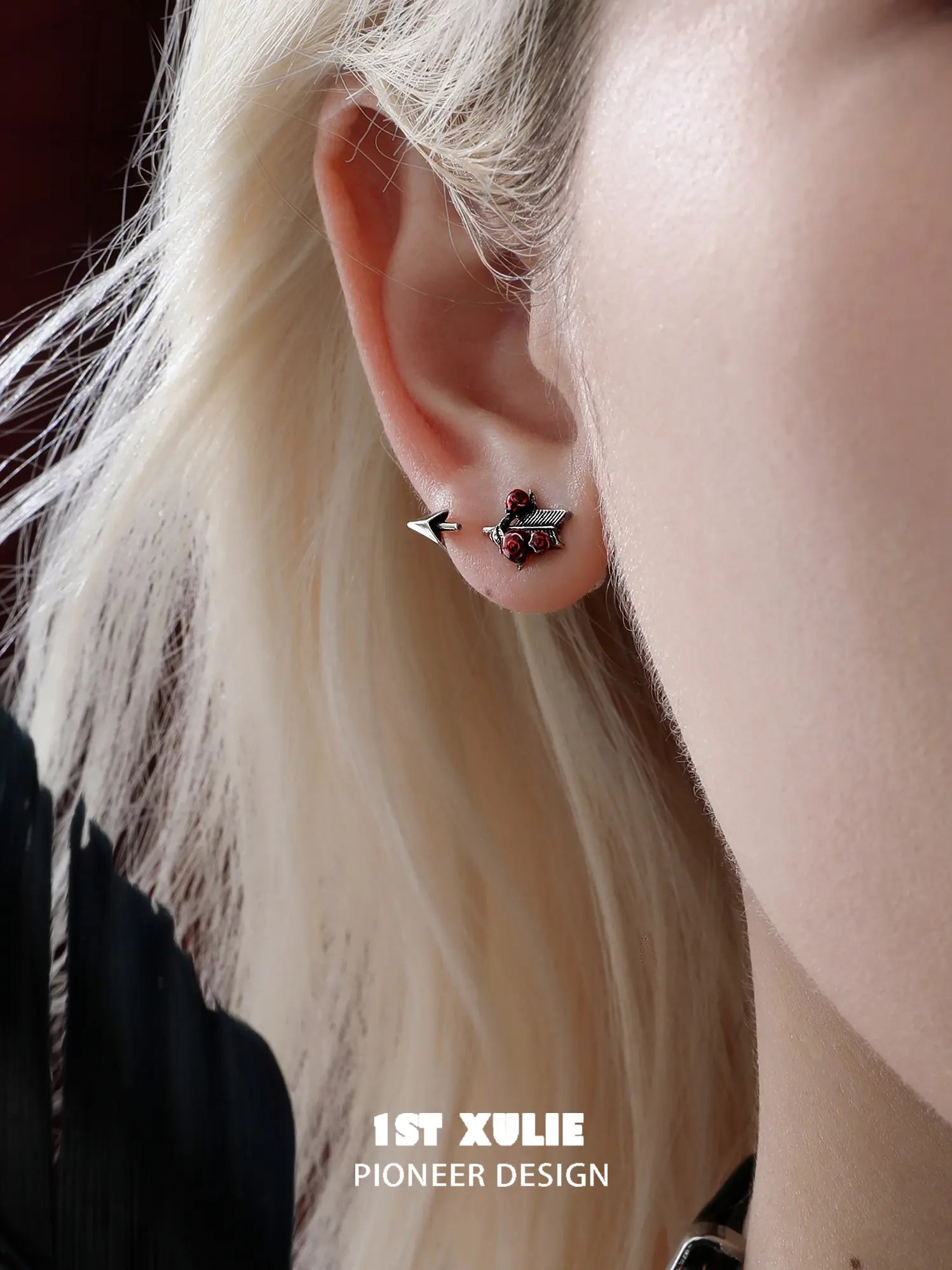 1ST XULIE Jewelry "TWILIGHT ROSE" Gothic Rose Bow Stud Earrings in Brass - Detail Shot