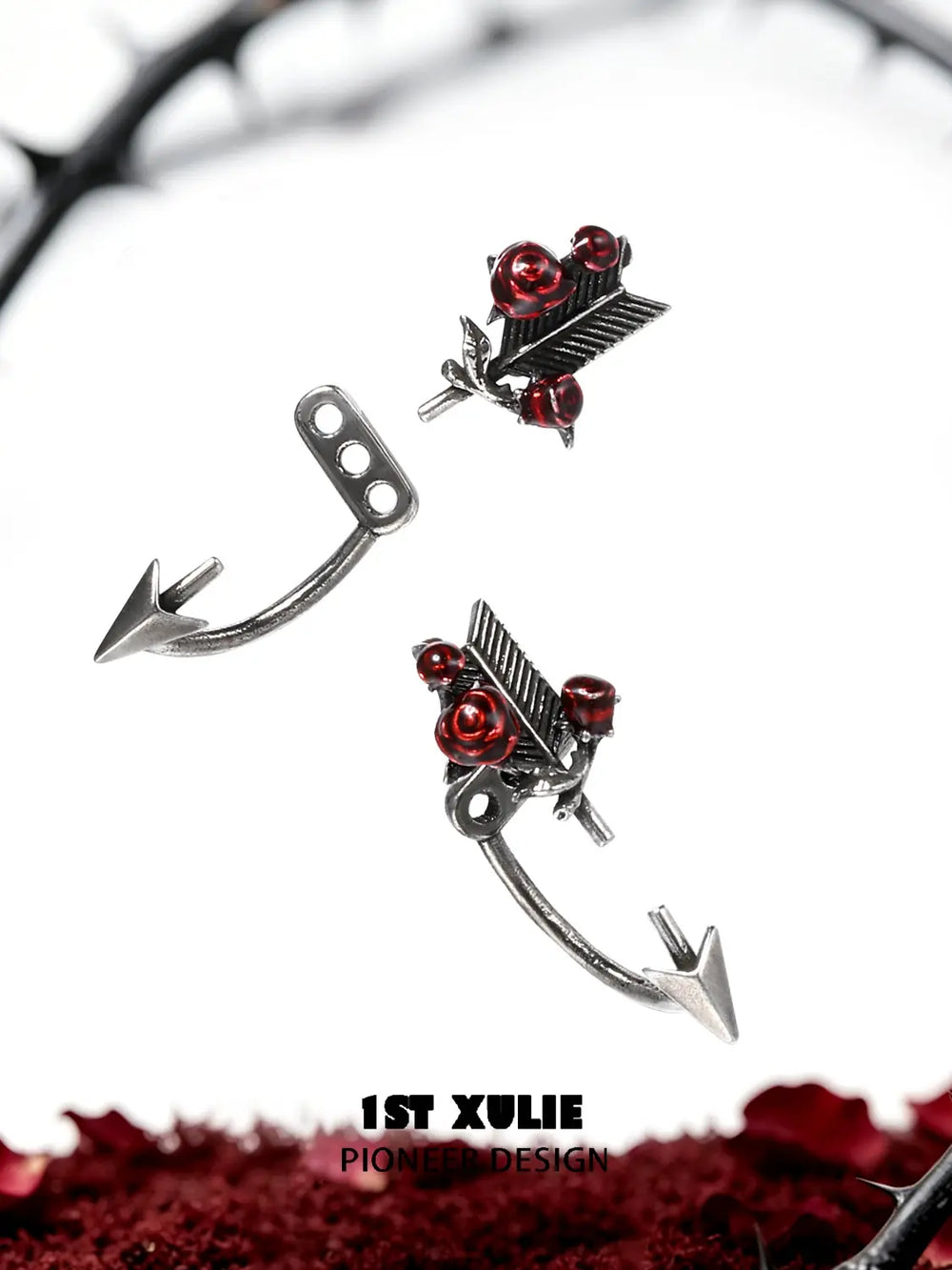 1ST XULIE Jewelry "TWILIGHT ROSE" Gothic Rose Bow Stud Earrings in Brass - On Model