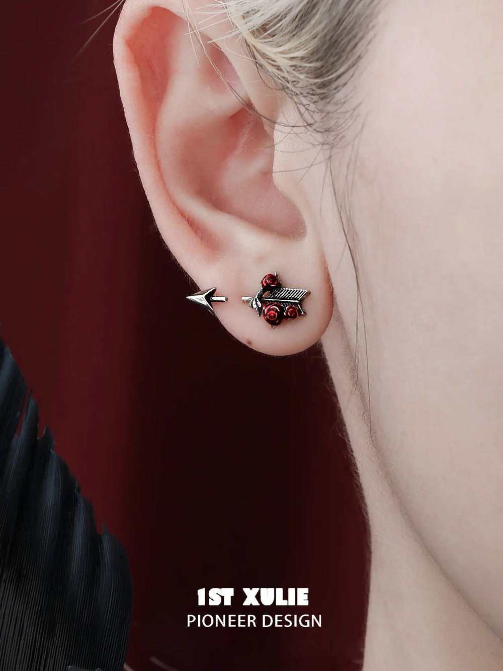 1ST XULIE Jewelry "TWILIGHT ROSE" Gothic Rose Bow Stud Earrings in Brass - Side View