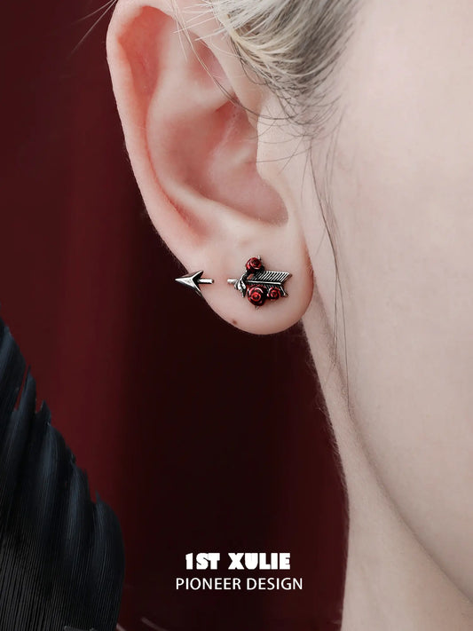 1ST XULIE Jewelry "TWILIGHT ROSE" Gothic Rose Bow Stud Earrings in Brass - Side View
