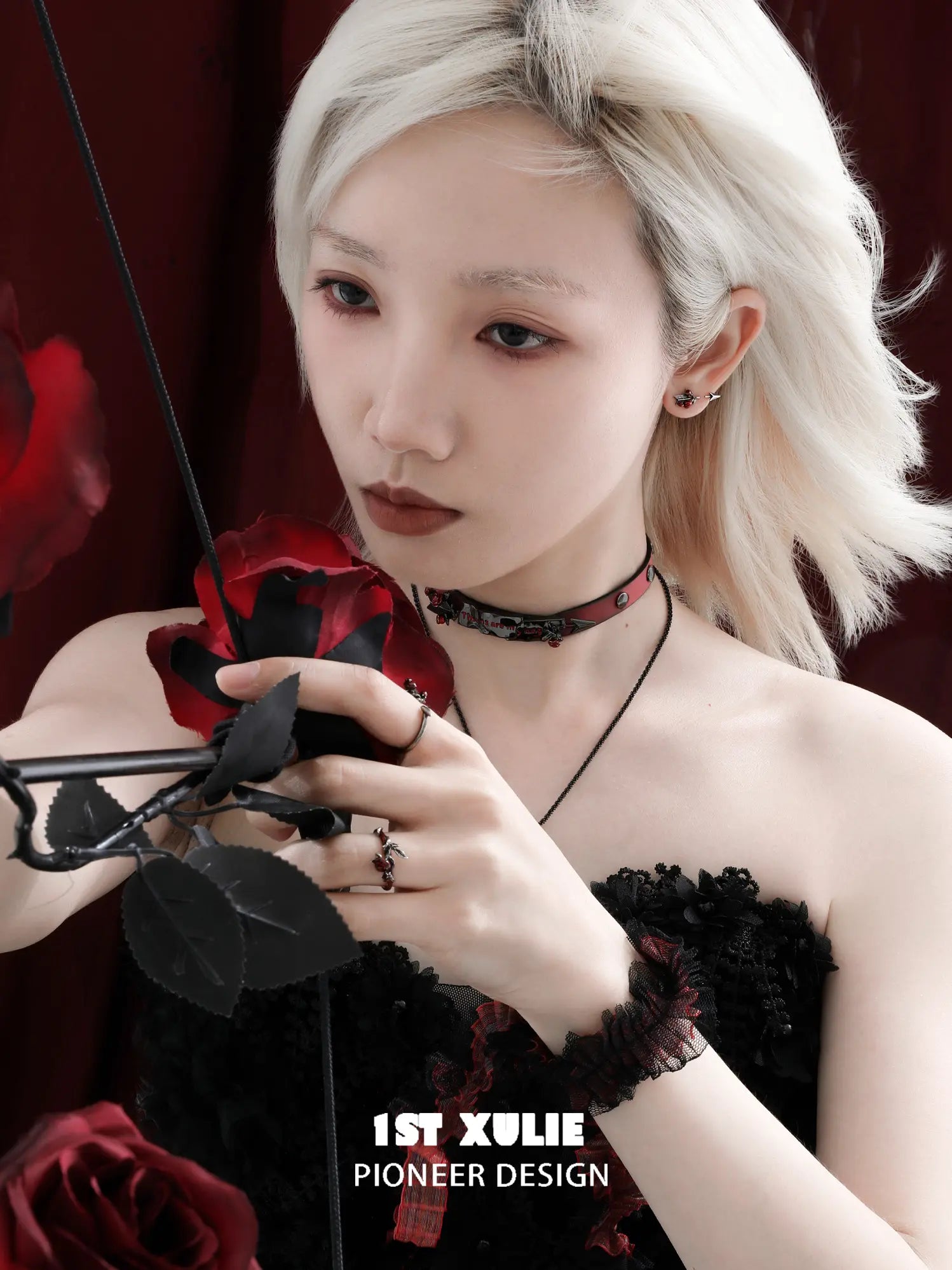 1ST XULIE Jewelry "TWILIGHT ROSE" Gothic Rose Bow Stud Earrings in Brass - Texture Detail