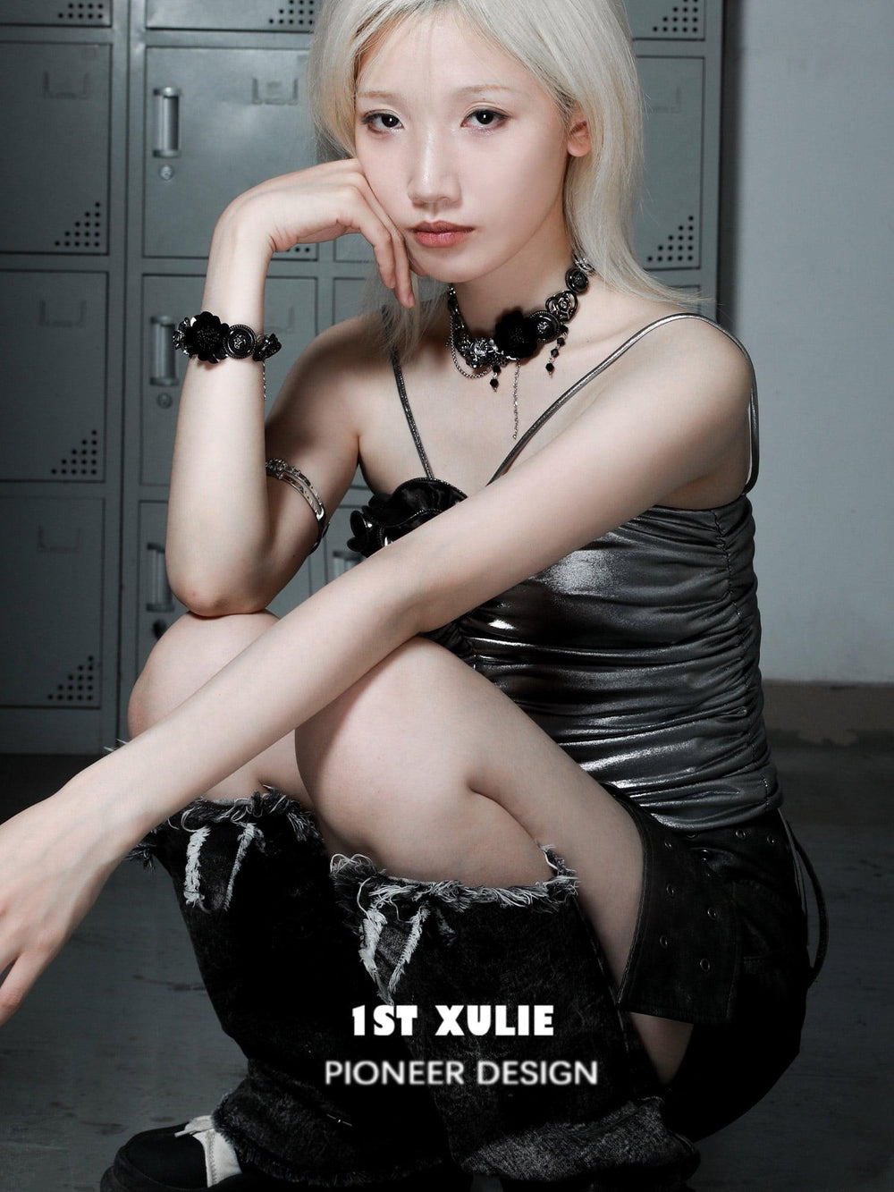 1ST XULIE "Taboo Rose" Gothic Statement Rose Button Choker Necklace in Platinum Plated Brass - Angled View
