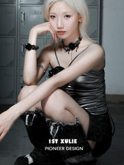 1ST XULIE "Taboo Rose" Gothic Statement Rose Button Choker Necklace in Platinum Plated Brass - Angled View