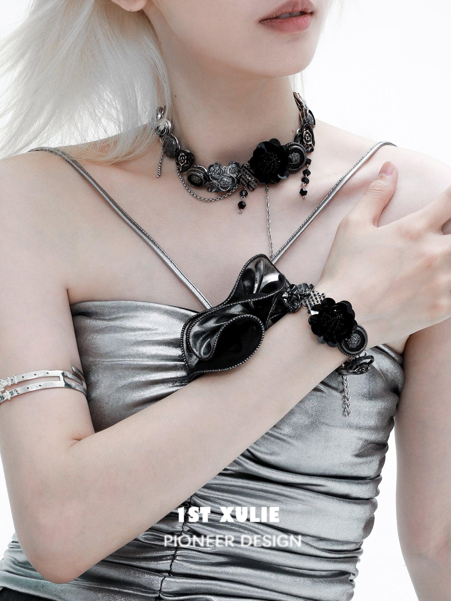 1ST XULIE "Taboo Rose" Gothic Statement Rose Button Choker Necklace in Platinum Plated Brass - Clasp Detail