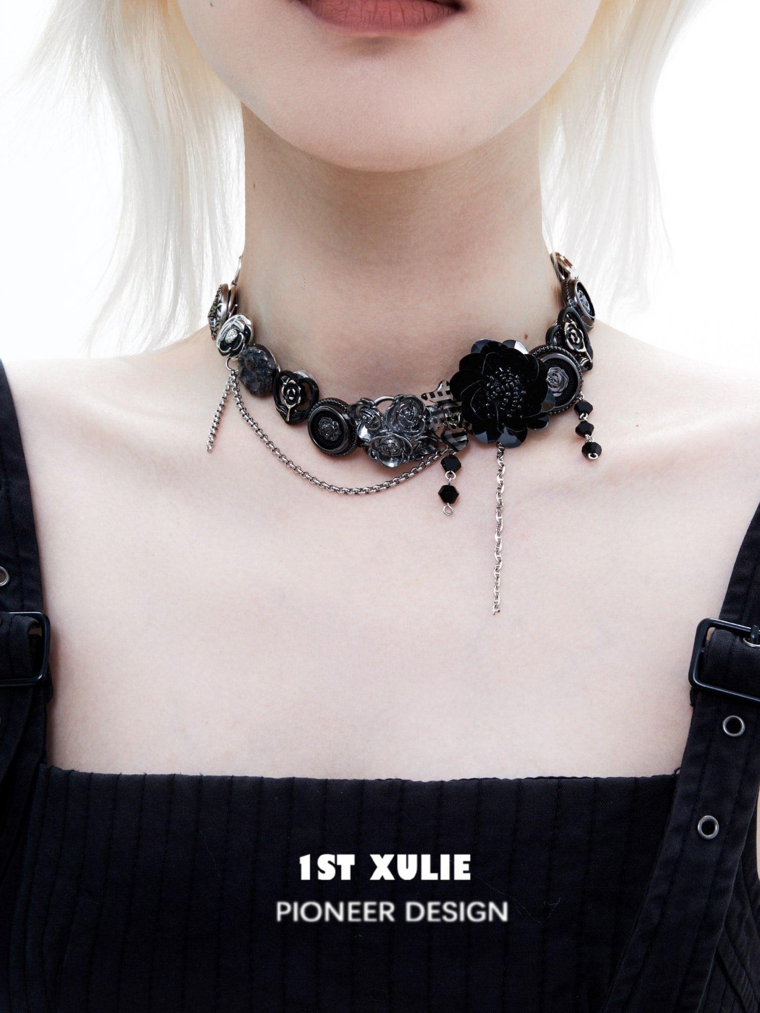 1ST XULIE "Taboo Rose" Gothic Statement Rose Button Choker Necklace in Platinum Plated Brass - Detail Shot of Roses