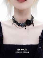 1ST XULIE "Taboo Rose" Gothic Statement Rose Button Choker Necklace in Platinum Plated Brass - Detail Shot of Roses