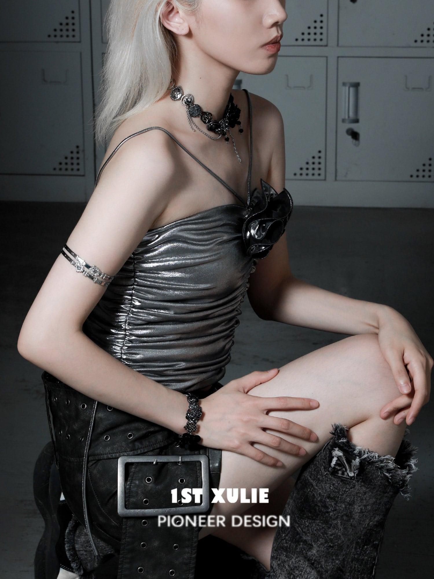 1ST XULIE "Taboo Rose" Gothic Statement Rose Button Choker Necklace in Platinum Plated Brass - Lifestyle Shot
