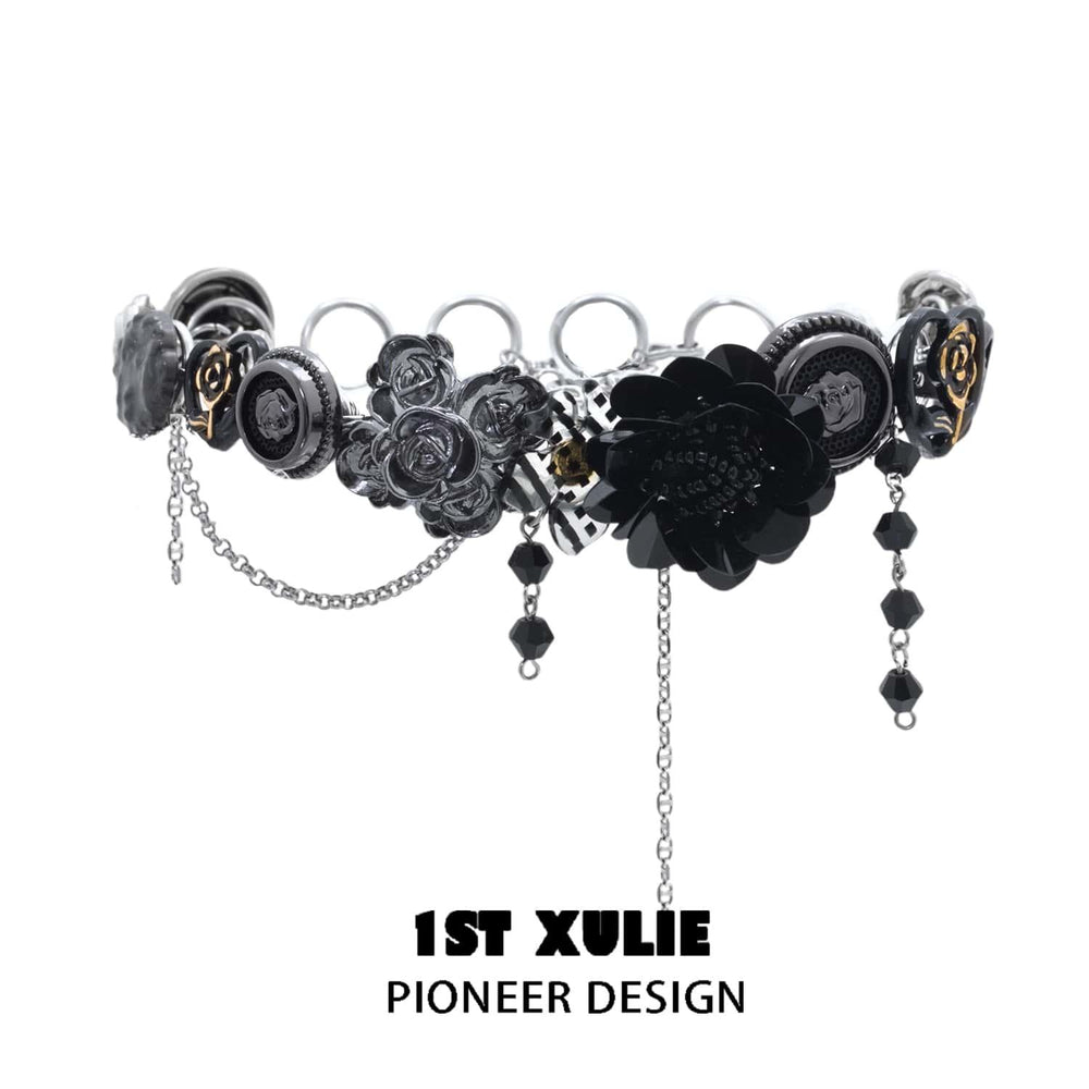 1ST XULIE "Taboo Rose" Gothic Statement Rose Button Choker Necklace in Platinum Plated Brass - Product View