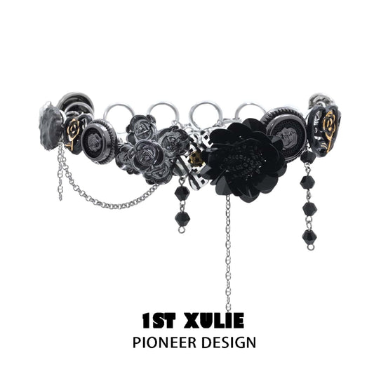 1ST XULIE "Taboo Rose" Gothic Statement Rose Button Choker Necklace in Platinum Plated Brass - Product View