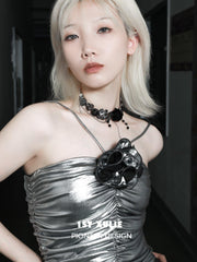 1ST XULIE "Taboo Rose" Gothic Statement Rose Button Choker Necklace in Platinum Plated Brass - On Model