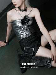 1ST XULIE "Taboo Rose" Gothic Statement Rose Button Choker Necklace in Platinum Plated Brass - Side View on Model