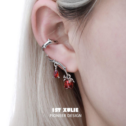 1ST XULIE "Taboo Rose" Gothic Rose Pendant Ear Clips in Platinum Plated - On Model