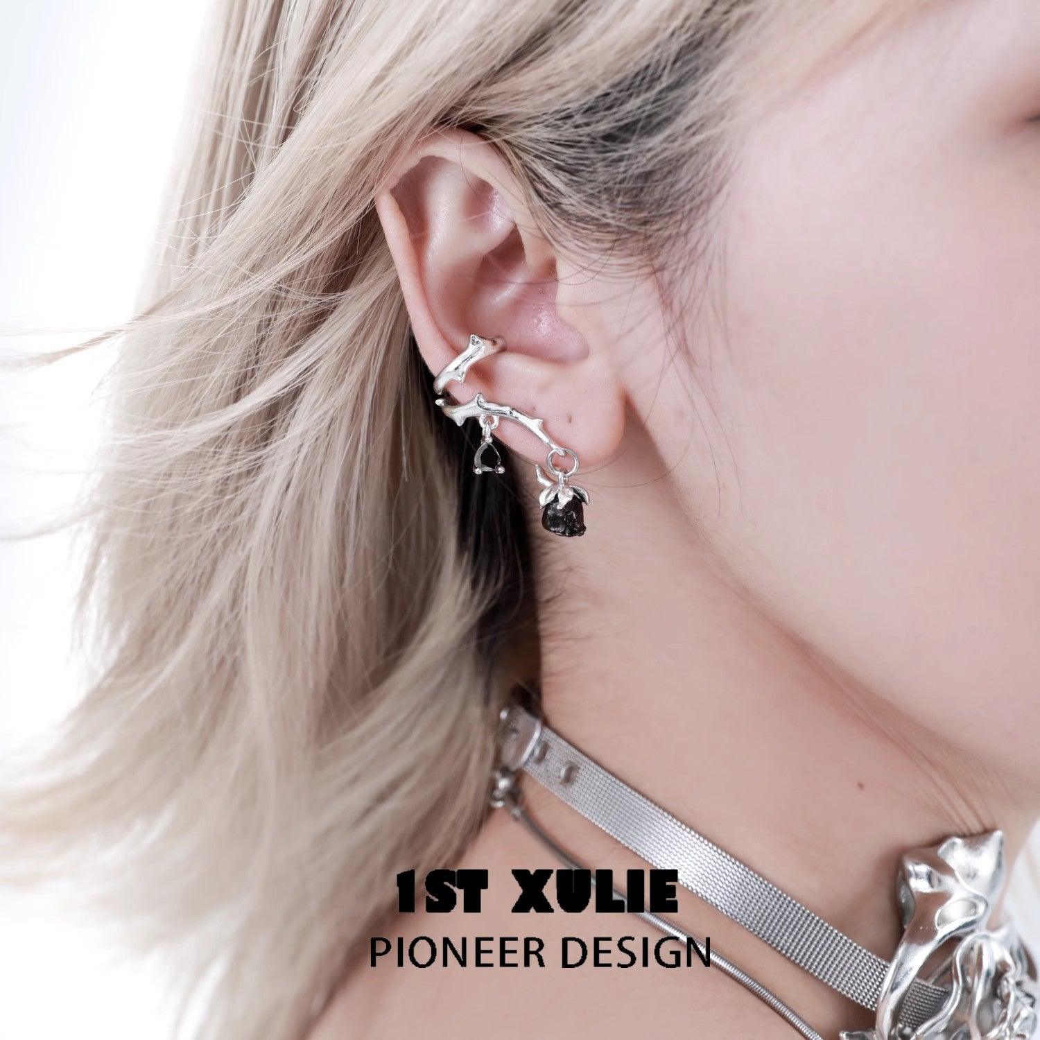 1ST XULIE "Taboo Rose" Gothic Rose Pendant Ear Clips in Platinum Plated - Side View