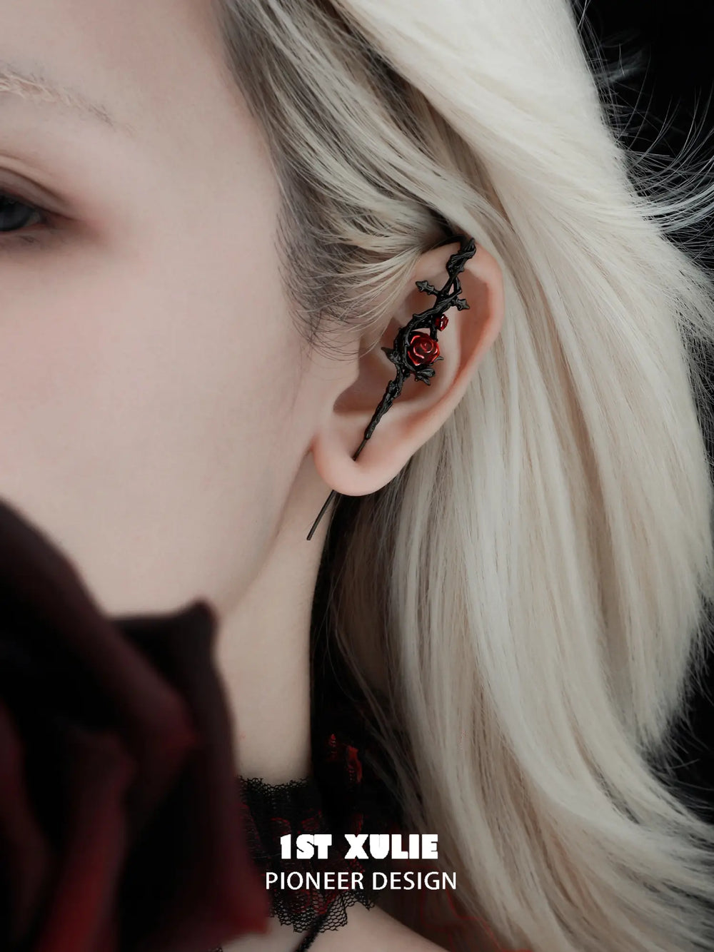 1ST XULIE Jewelry "TWILIGHT ROSE" Gothic Rose Statement Drop Needle Piercing Earrings in Black Gold Plated - Angle 1