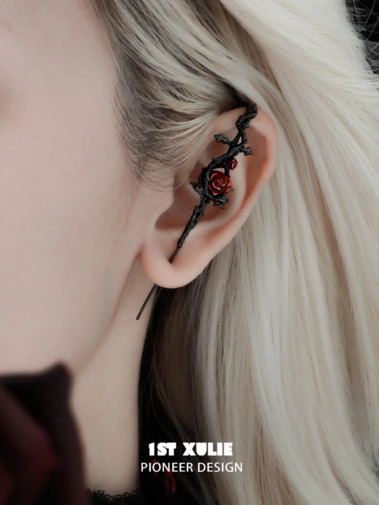 1ST XULIE Jewelry "TWILIGHT ROSE" Gothic Rose Statement Drop Needle Piercing Earrings in Black Gold Plated - Angle 2