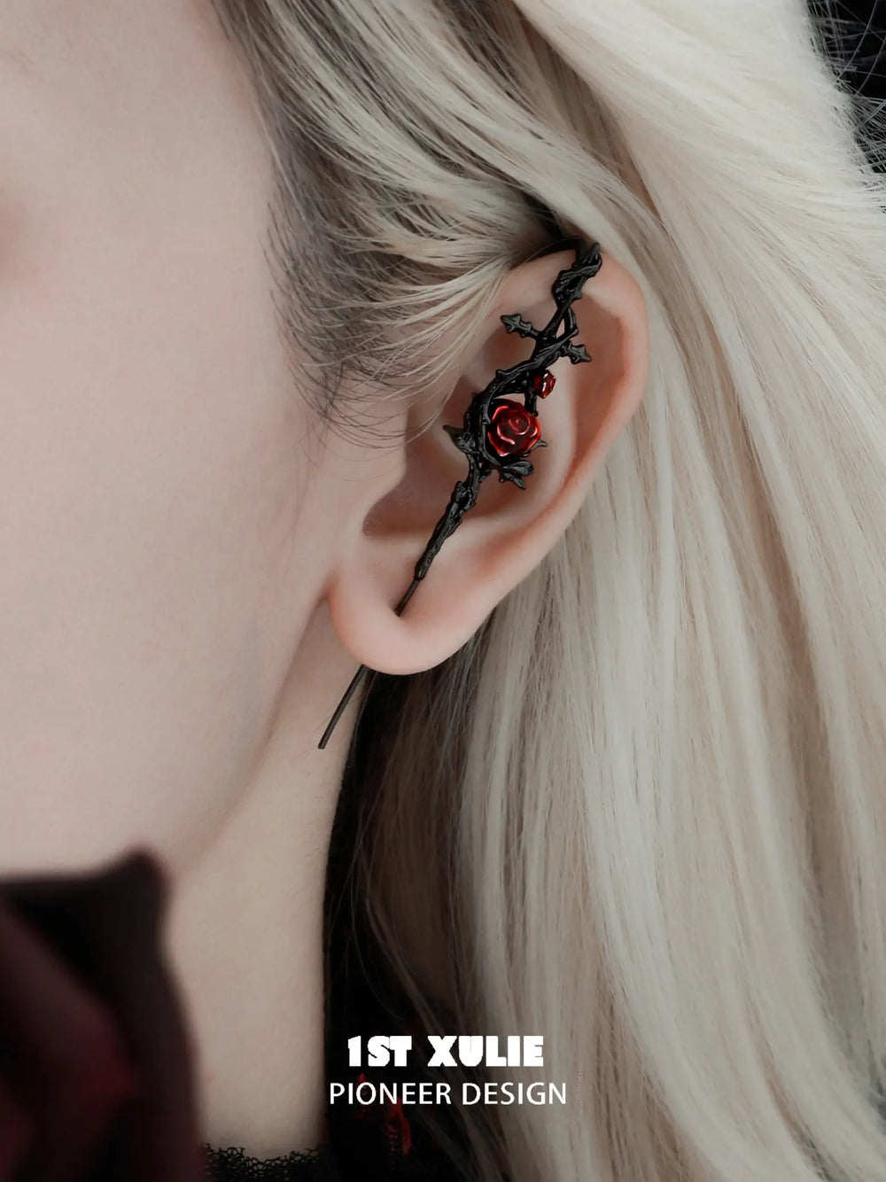 1ST XULIE Jewelry "TWILIGHT ROSE" Gothic Rose Statement Drop Needle Piercing Earrings in Black Gold Plated - Angle 2