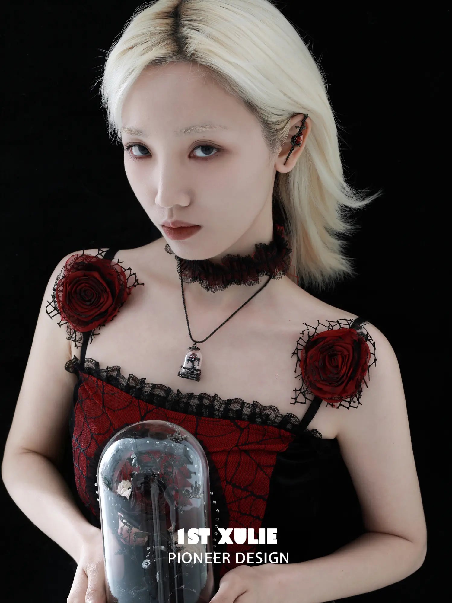 1ST XULIE Jewelry "TWILIGHT ROSE" Gothic Rose Statement Drop Needle Piercing Earrings in Black Gold Plated - Detail Shot
