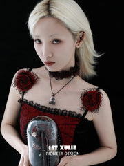 1ST XULIE Jewelry "TWILIGHT ROSE" Gothic Rose Statement Drop Needle Piercing Earrings in Black Gold Plated - Detail Shot