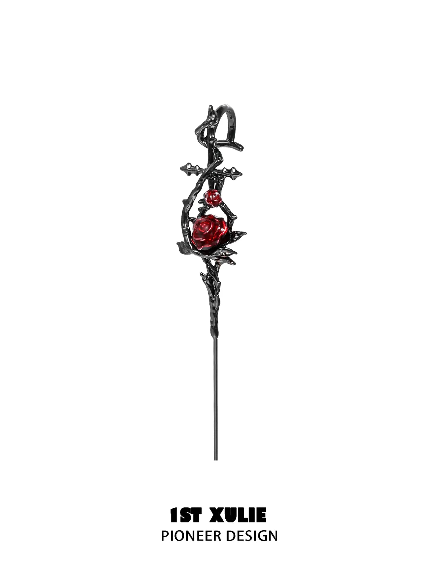 1ST XULIE Jewelry "TWILIGHT ROSE" Gothic Rose Statement Drop Needle Piercing Earrings in Black Gold Plated - Lifestyle Shot
