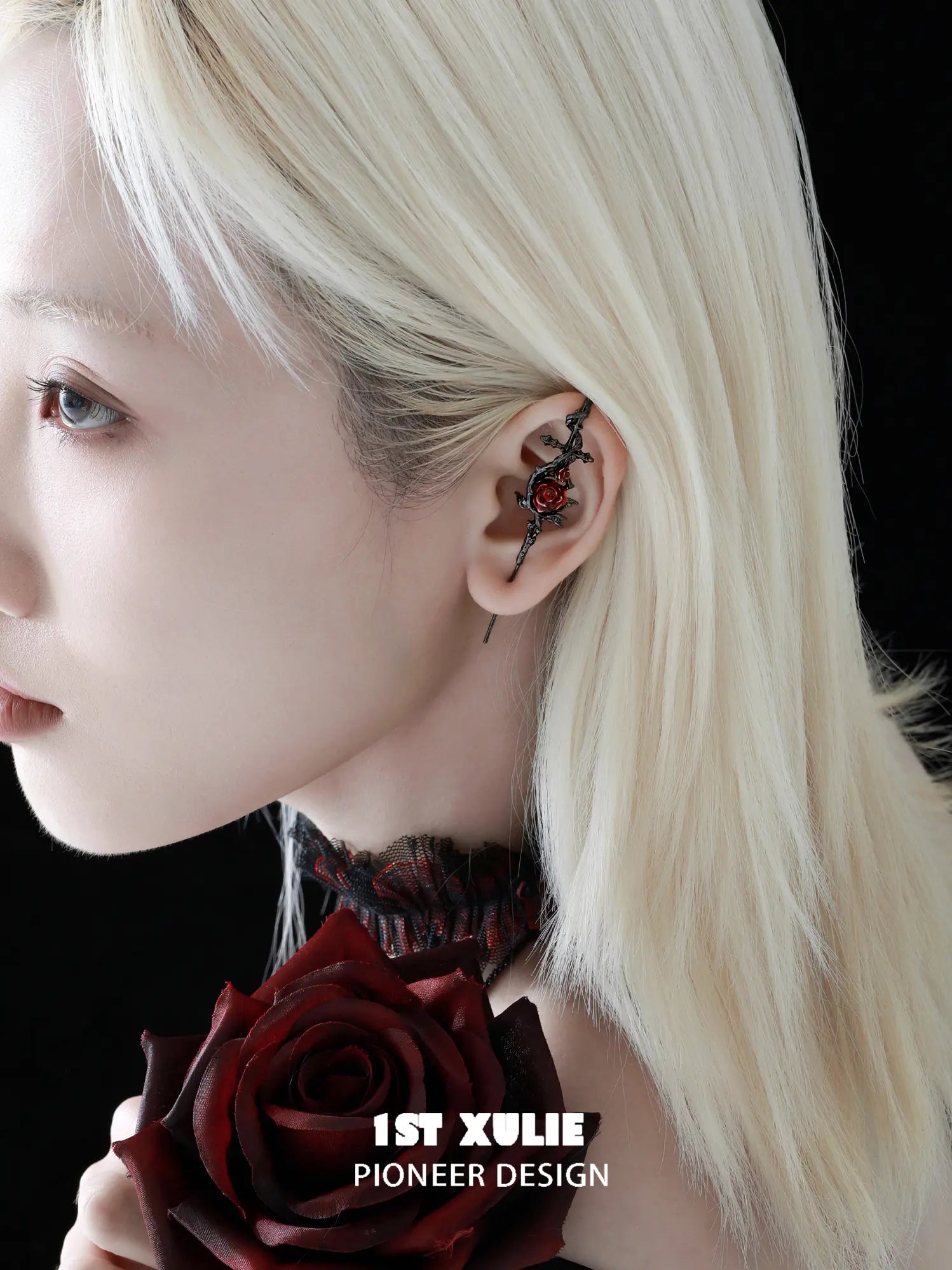 1ST XULIE Jewelry "TWILIGHT ROSE" Gothic Rose Statement Drop Needle Piercing Earrings in Black Gold Plated - Product View