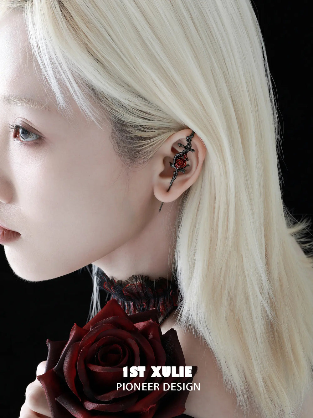 1ST XULIE Jewelry "TWILIGHT ROSE" Gothic Rose Statement Drop Needle Piercing Earrings in Black Gold Plated - Product View