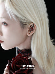 1ST XULIE Jewelry "TWILIGHT ROSE" Gothic Rose Statement Drop Needle Piercing Earrings in Black Gold Plated - Product View