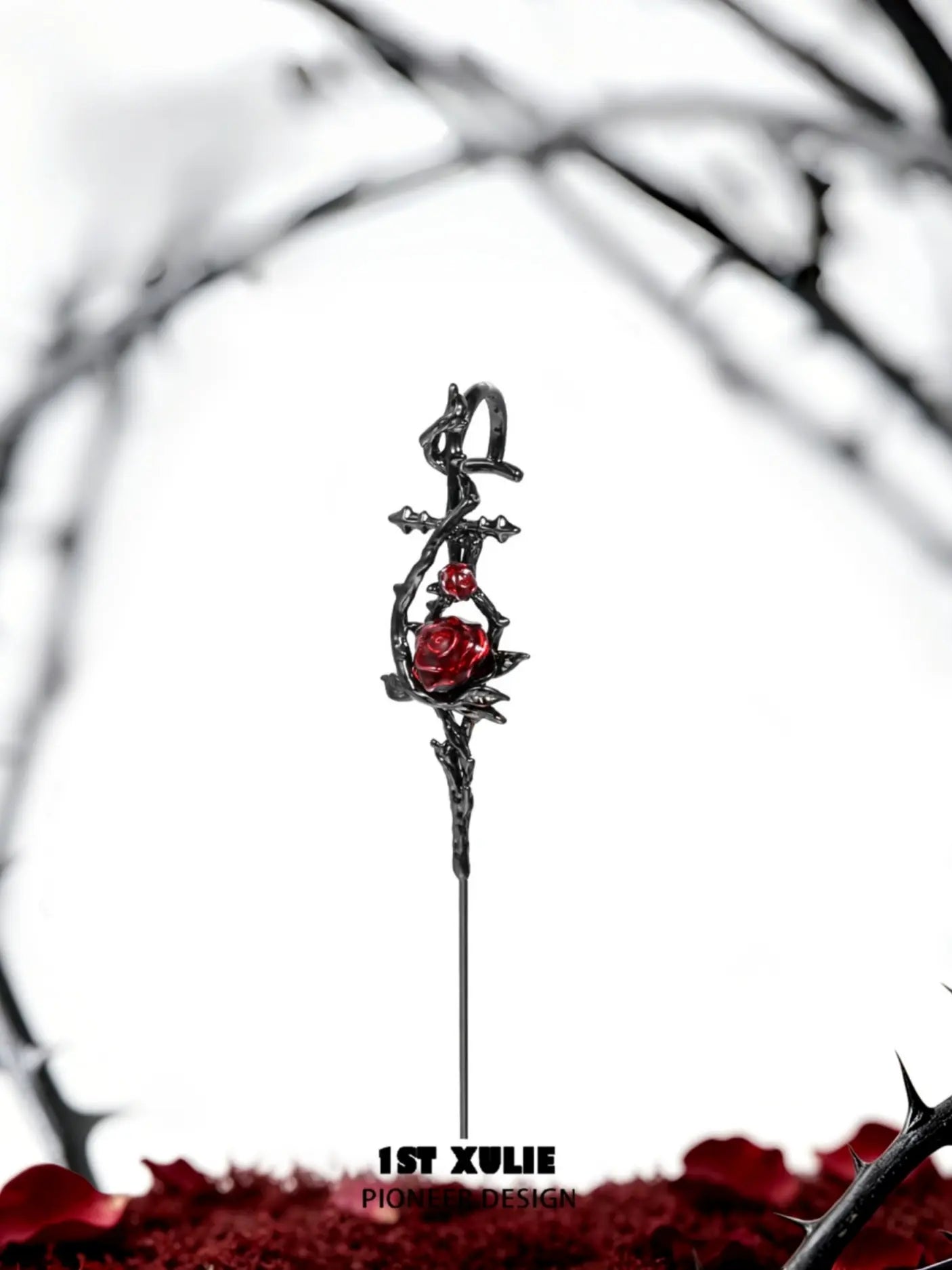 1ST XULIE Jewelry "TWILIGHT ROSE" Gothic Rose Statement Drop Needle Piercing Earrings in Black Gold Plated - On Model