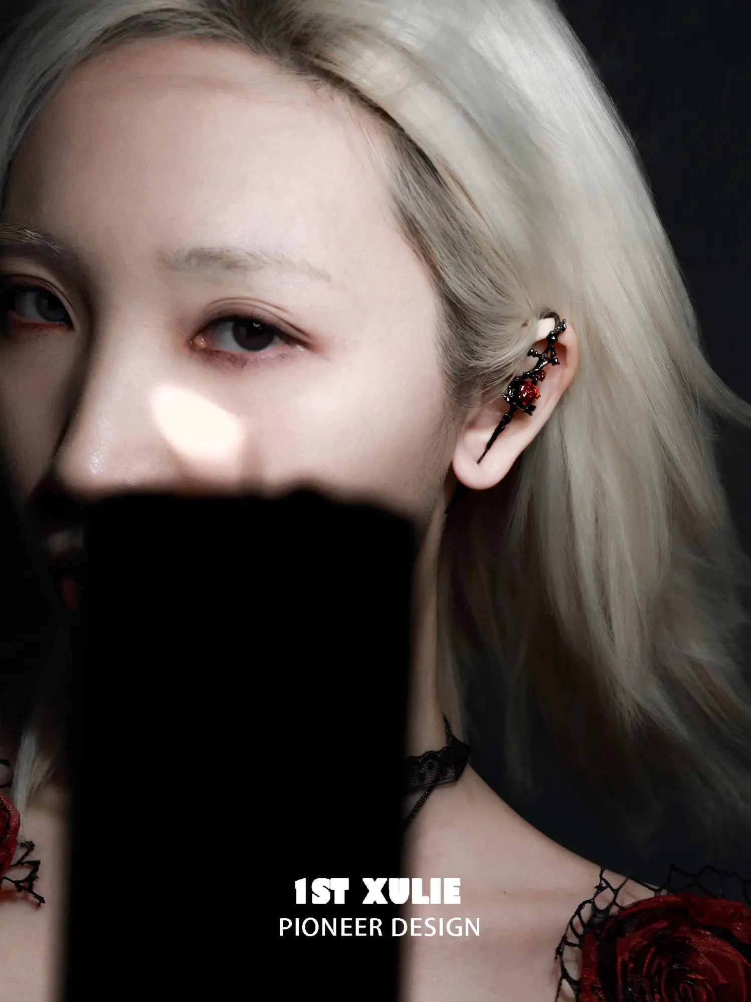 1ST XULIE Jewelry "TWILIGHT ROSE" Gothic Rose Statement Drop Needle Piercing Earrings in Black Gold Plated - Side View