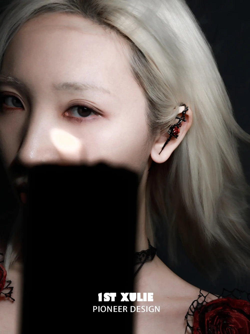 1ST XULIE Jewelry "TWILIGHT ROSE" Gothic Rose Statement Drop Needle Piercing Earrings in Black Gold Plated - Side View