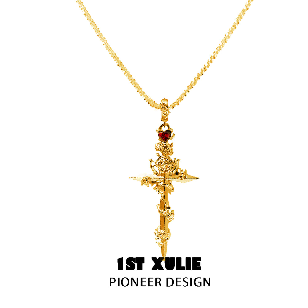 1ST XULIE "Taboo Rose" Gothic Rose Sword Necklace in 24K Gold Plated - On Model Close-up
