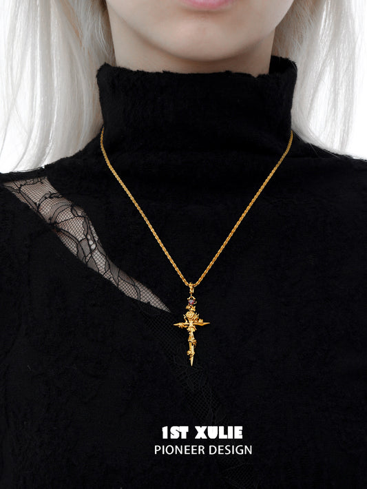 1ST XULIE "Taboo Rose" Gothic Rose Sword Necklace in 24K Gold Plated - Product View
