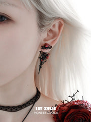 1ST XULIE Jewelry "TWILIGHT ROSE" Gothic Rose Thorn Bow Drop Earrings in Black Gold Plated Brass - Angle View 1