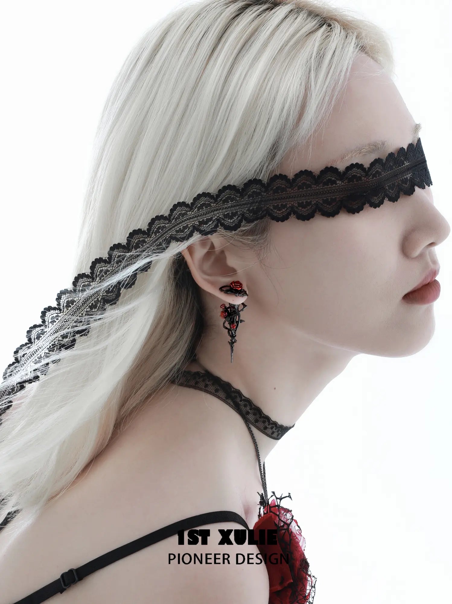 1ST XULIE Jewelry "TWILIGHT ROSE" Gothic Rose Thorn Bow Drop Earrings in Black Gold Plated Brass - Angle View 2