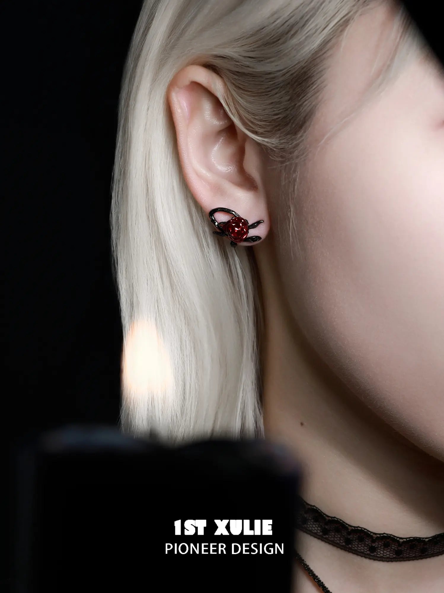 1ST XULIE Jewelry "TWILIGHT ROSE" Gothic Rose Thorn Bow Drop Earrings in Black Gold Plated Brass - Detail Shot