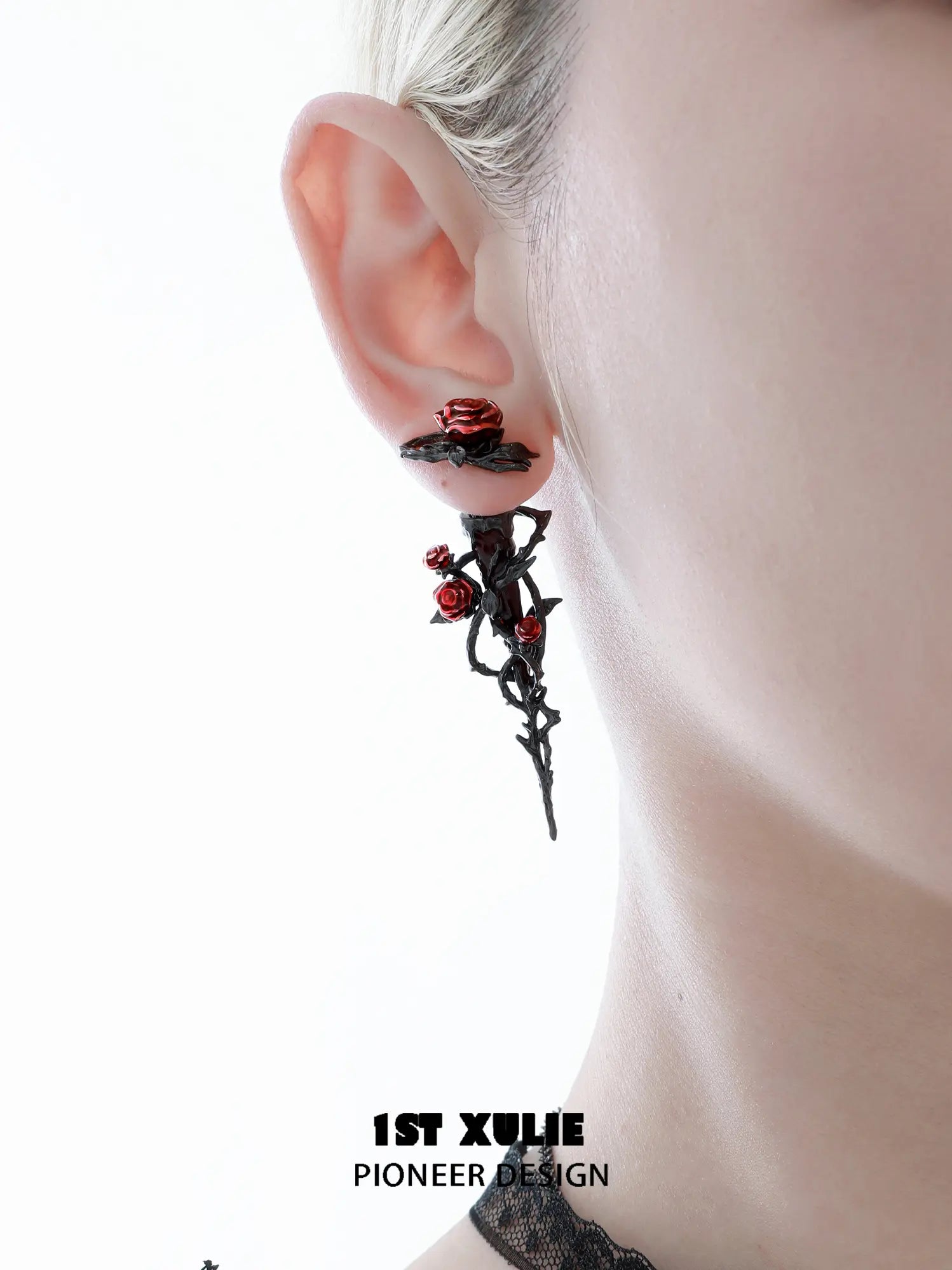 1ST XULIE Jewelry "TWILIGHT ROSE" Gothic Rose Thorn Bow Drop Earrings in Black Gold Plated Brass - Lifestyle Shot