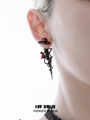 1ST XULIE Jewelry "TWILIGHT ROSE" Gothic Rose Thorn Bow Drop Earrings in Black Gold Plated Brass - Lifestyle Shot