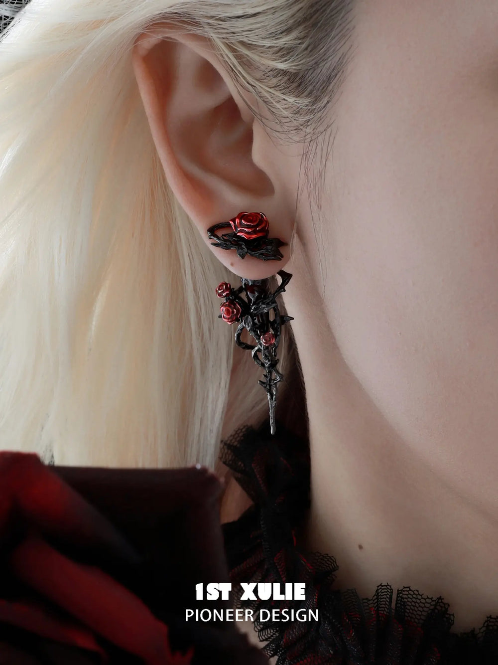 1ST XULIE Jewelry "TWILIGHT ROSE" Gothic Rose Thorn Bow Drop Earrings in Black Gold Plated Brass - Product View